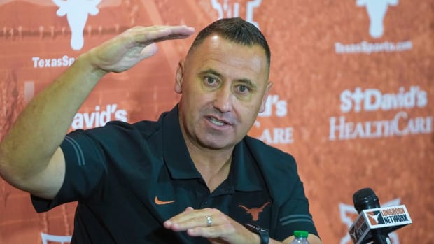 Texas football coach Steve Sarkisian speaks to the press.